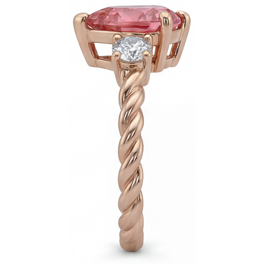 Dreistein-Ring mit echtem Padparadscha-Saphir im Herzschliff, 1,9 Karat, 14 Karat Roségold