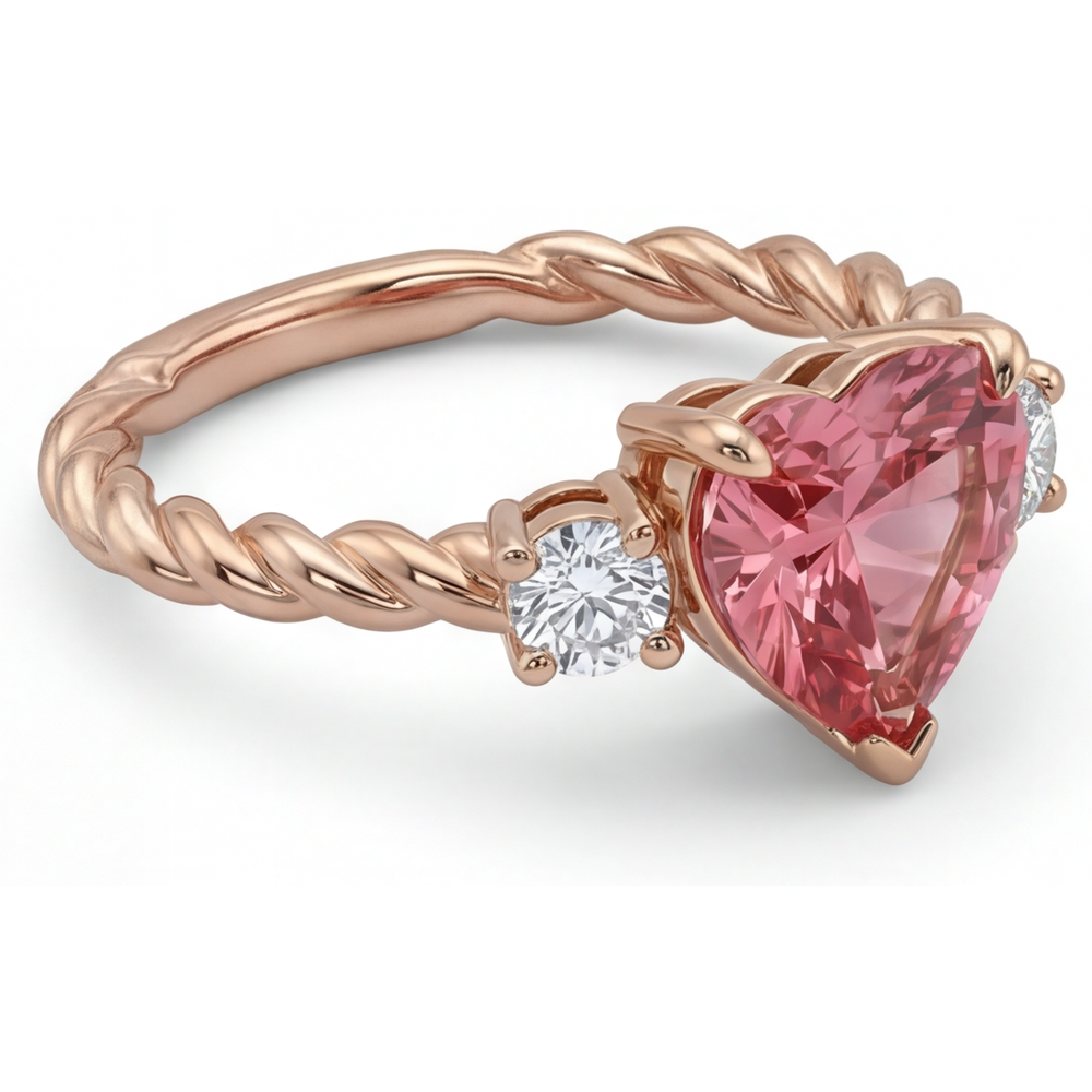 Dreistein-Ring mit echtem Padparadscha-Saphir im Herzschliff, 1,9 Karat, 14 Karat Roségold