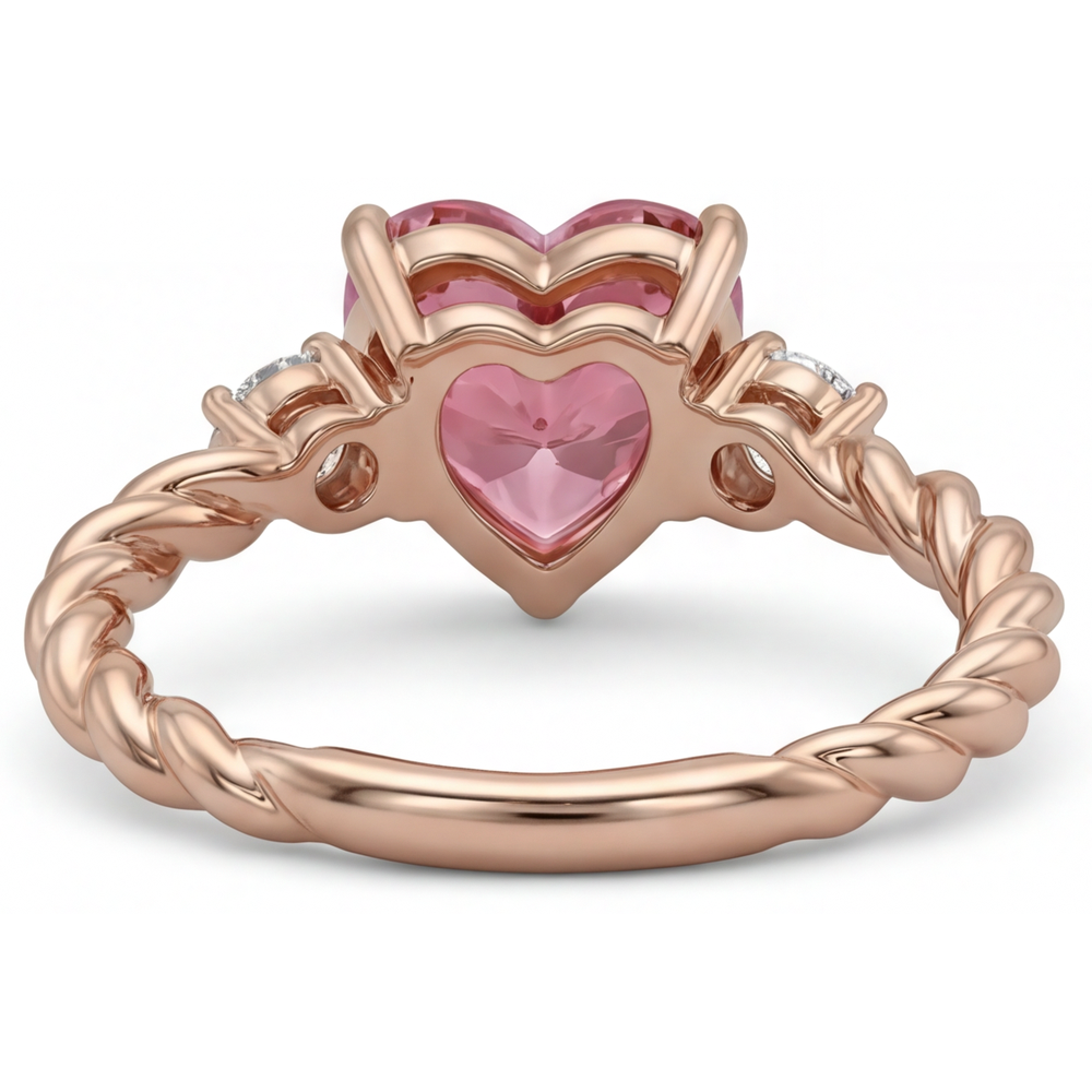Dreistein-Ring mit echtem Padparadscha-Saphir im Herzschliff, 1,9 Karat, 14 Karat Roségold