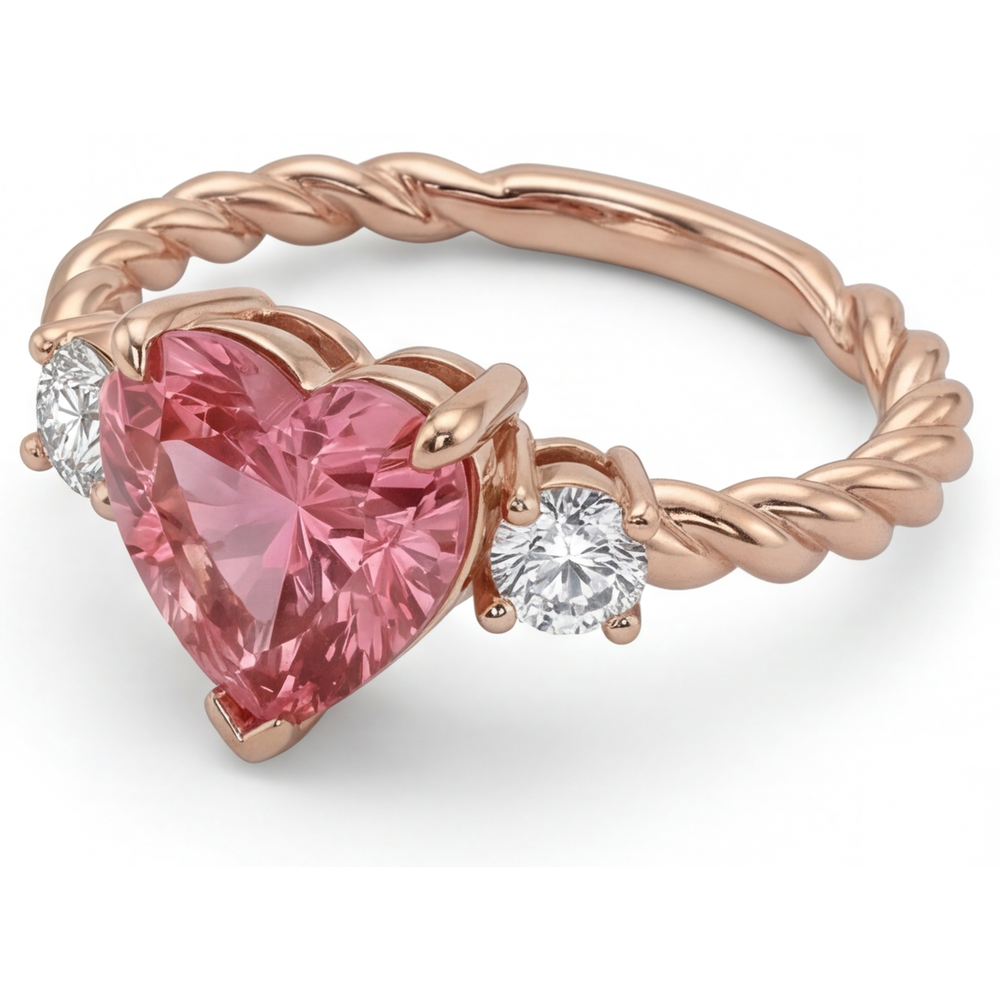 Dreistein-Ring mit echtem Padparadscha-Saphir im Herzschliff, 1,9 Karat, 14 Karat Roségold