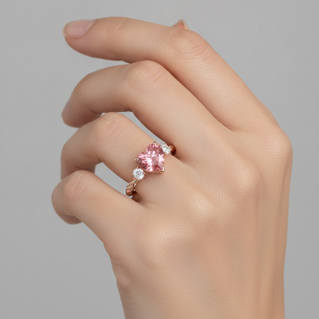 Dreistein-Ring mit echtem Padparadscha-Saphir im Herzschliff, 1,9 Karat, 14 Karat Roségold