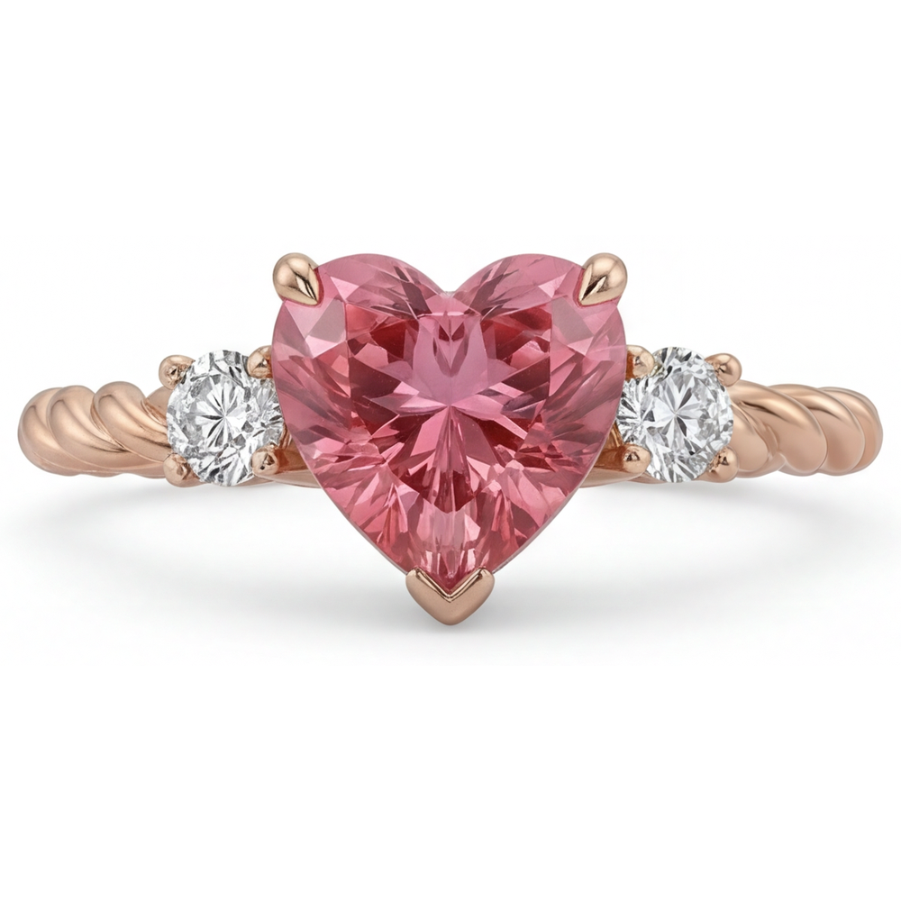 Dreistein-Ring mit echtem Padparadscha-Saphir im Herzschliff, 1,9 Karat, 14 Karat Roségold