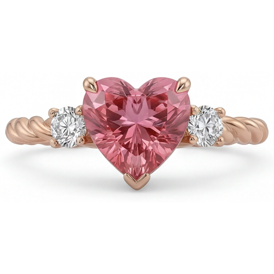 Dreistein-Ring mit echtem Padparadscha-Saphir im Herzschliff, 1,9 Karat, 14 Karat Roségold