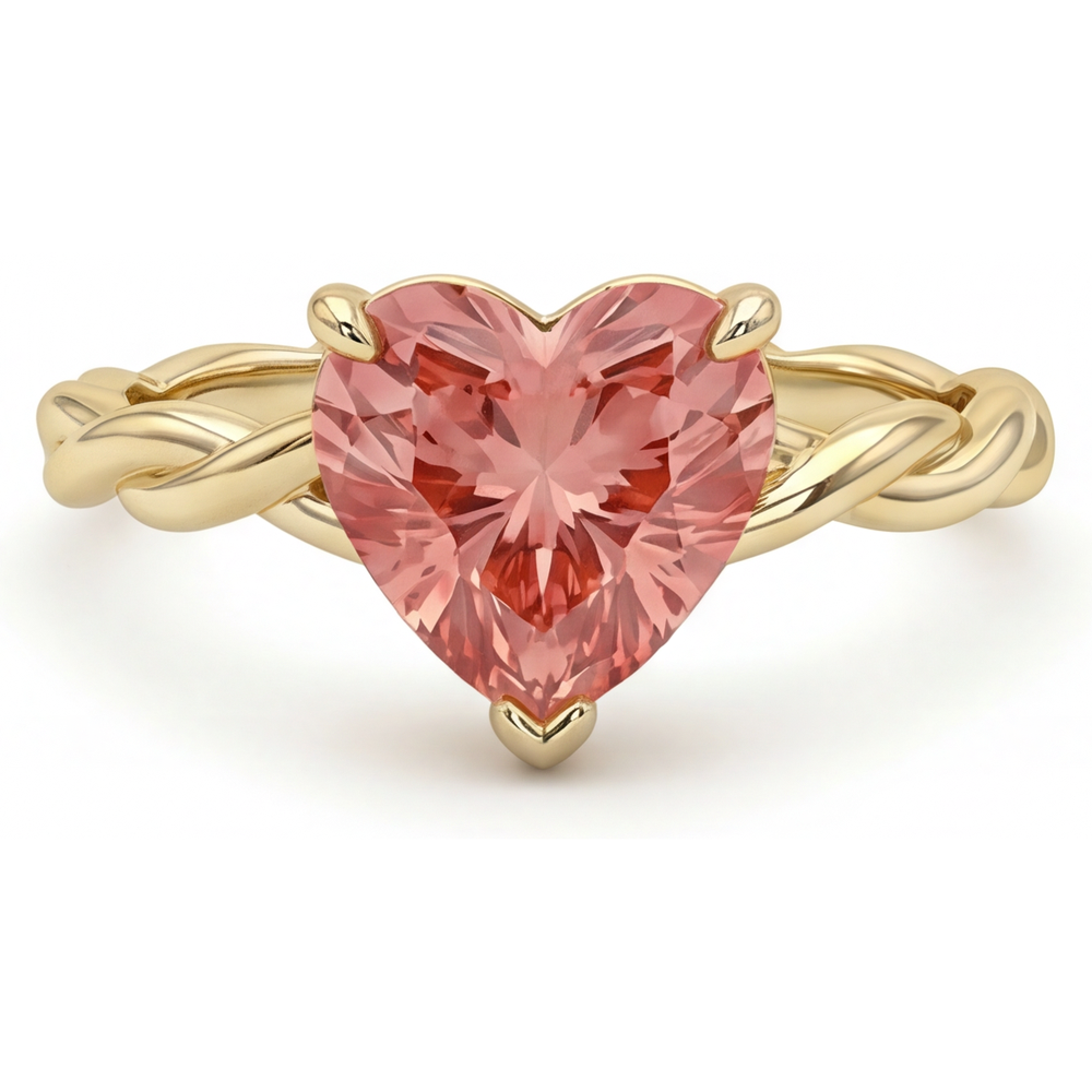Geschwungener Solitärring aus 14 Karat Gelbgold mit echtem pfirsichfarbenem Padparadscha-Saphir in Herzform, 1,5 Karat