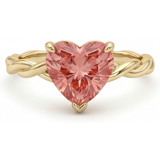 Geschwungener Solitärring aus 14 Karat Gelbgold mit echtem pfirsichfarbenem Padparadscha-Saphir in Herzform, 1,5 Karat