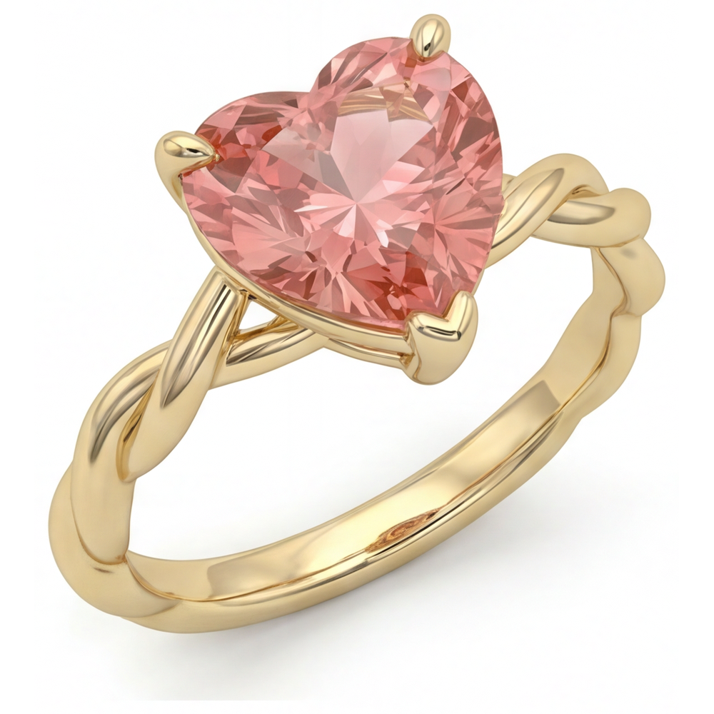 Geschwungener Solitärring mit echtem pfirsichfarbenem Padparadscha-Saphir in Herzform, 1,5 Karat, 14 Karat Gelbgold