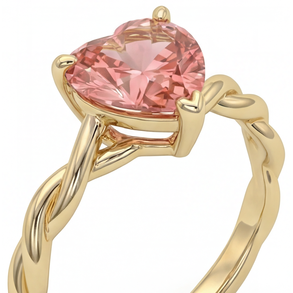 Geschwungener Solitärring mit echtem pfirsichfarbenem Padparadscha-Saphir in Herzform, 1,5 Karat, 14 Karat Gelbgold