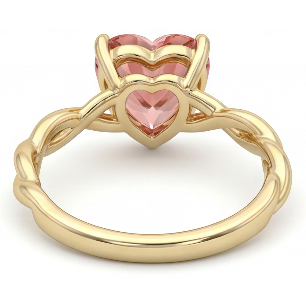 Geschwungener Solitärring aus 14 Karat Gelbgold mit echtem pfirsichfarbenem Padparadscha-Saphir in Herzform, 1,5 Karat