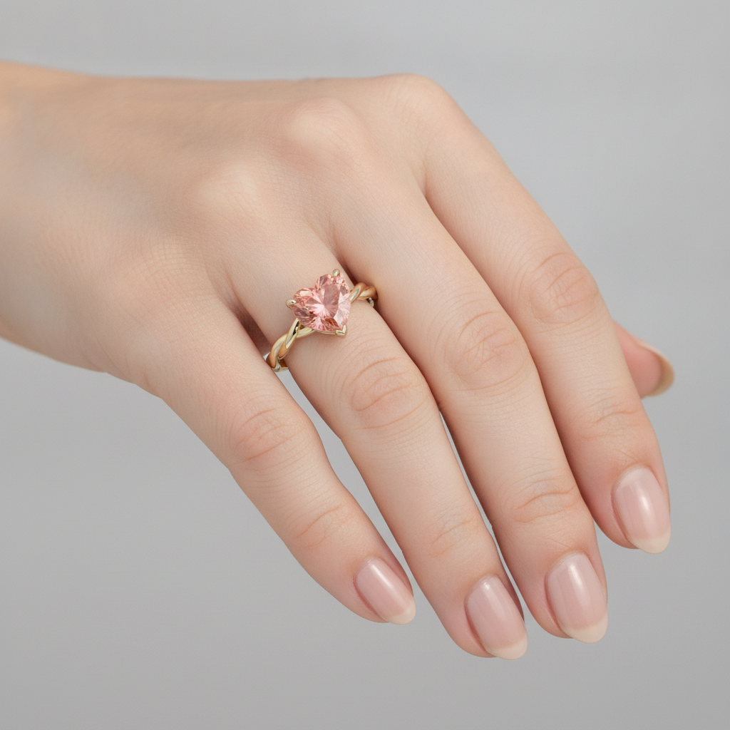 Pfirsich-Saphir Verlobungsring 1,5 Karat Echter Padparadscha in Herzform Geschwungener Solitär 14 Karat Gelbgold