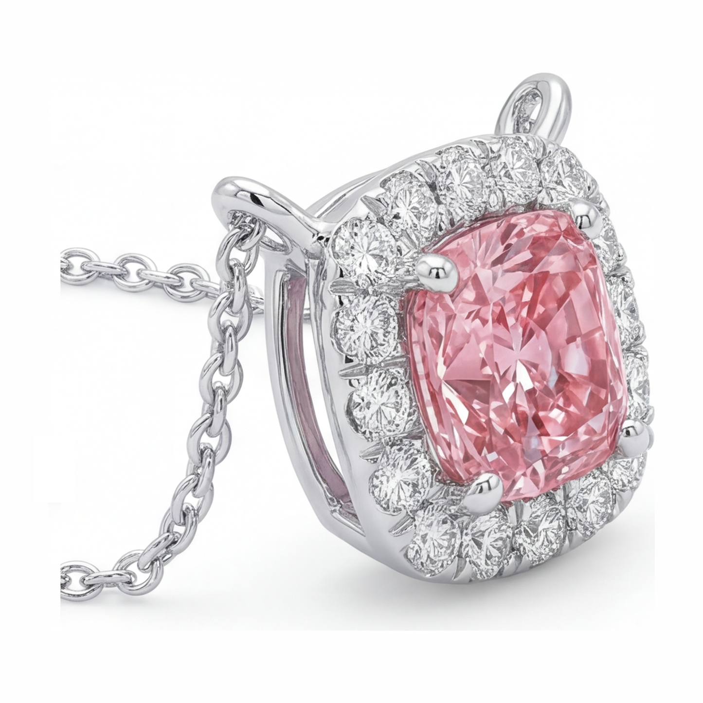 Halskette mit rosa Diamant, 3,75 Karat, im Labor gezüchtet, Halo-Anhänger im Kissenschliff, 14 Karat Weißgold