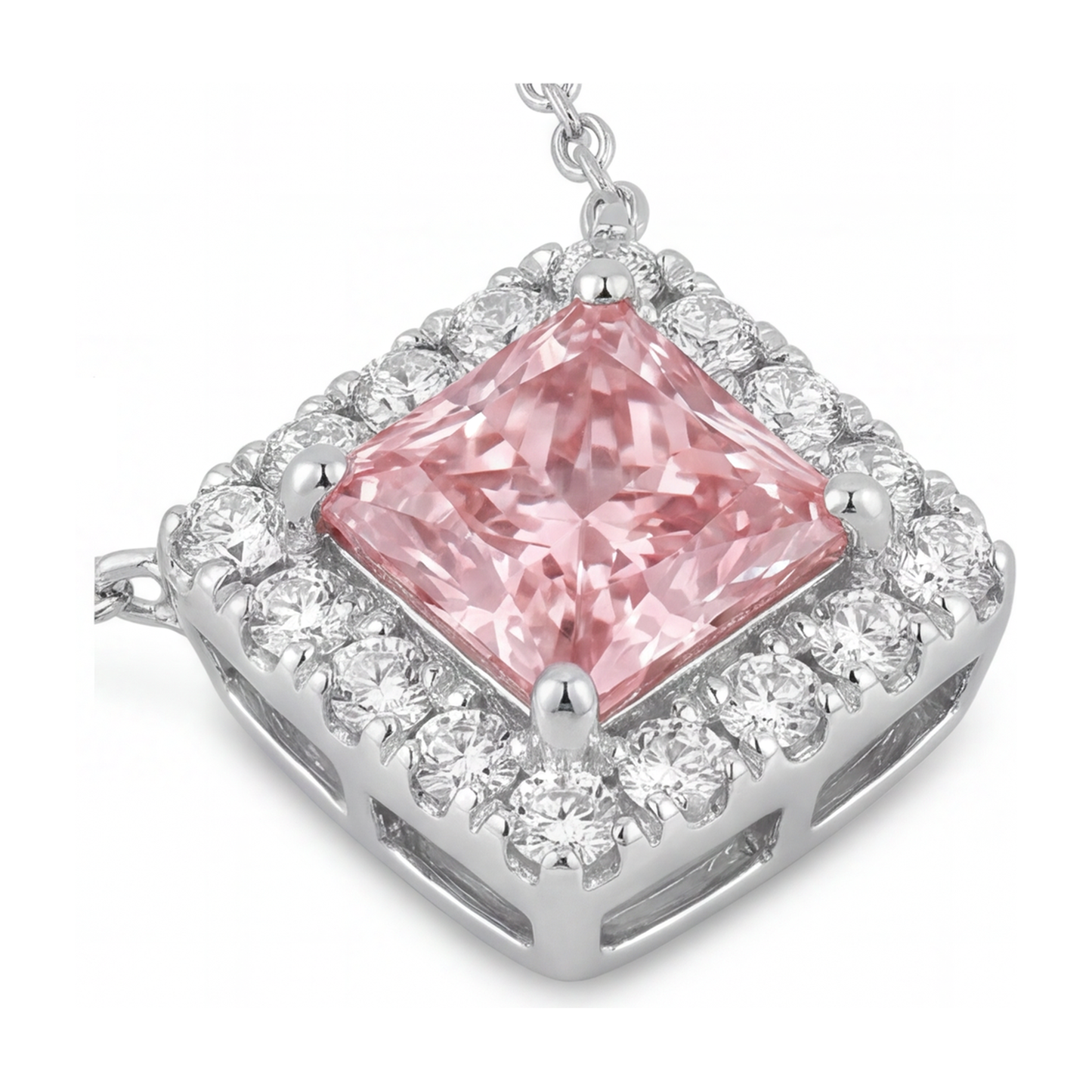 Rosa Diamant Halskette 4,5 Karat im Labor gezüchtet Radiant-Schliff Halo Pavé Anhänger 14 Karat Weißgold