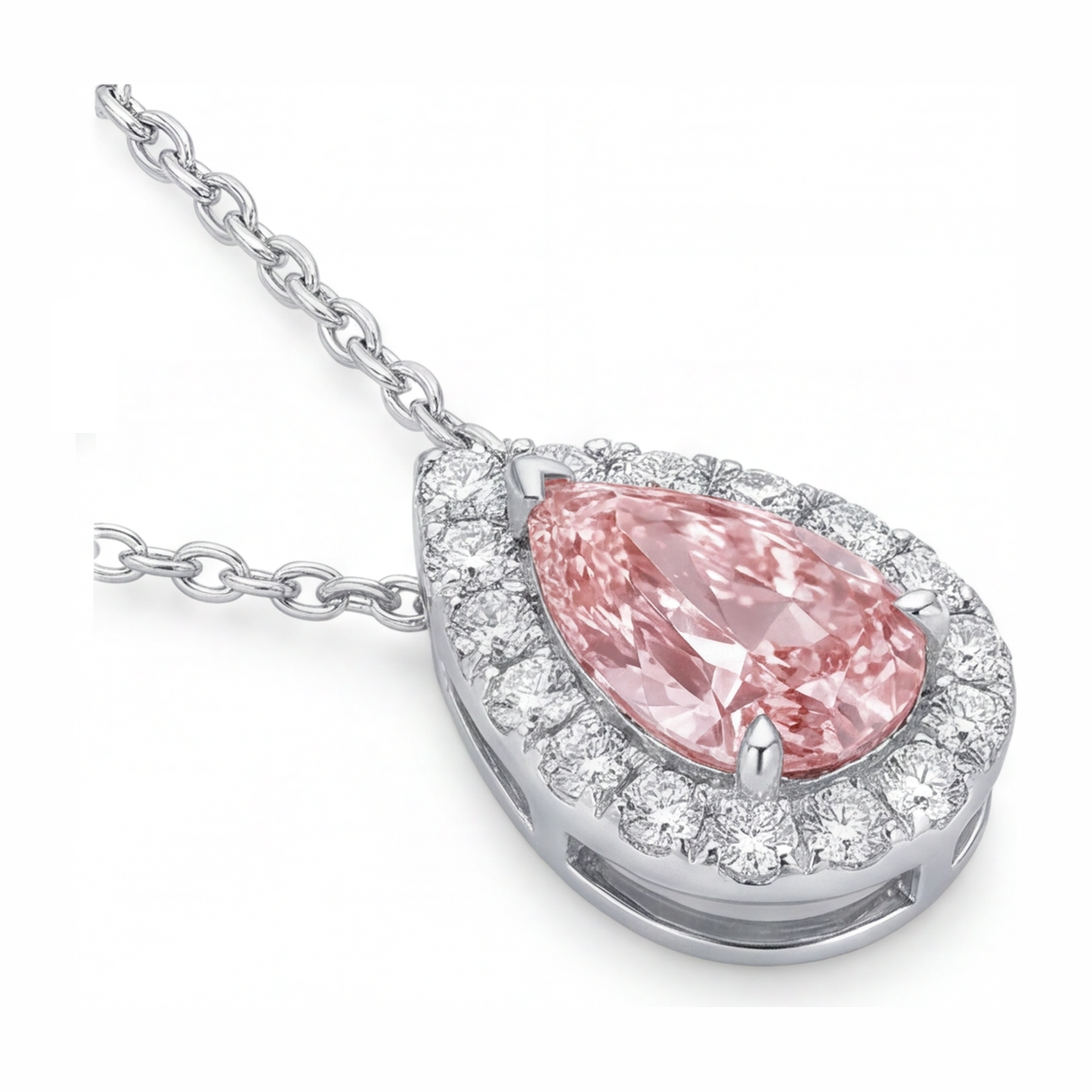 Rosa Diamant-Halskette, 2 Karat, im Labor gezüchtet, Tropfen-Halo-Anhänger, 14 Karat Weißgold