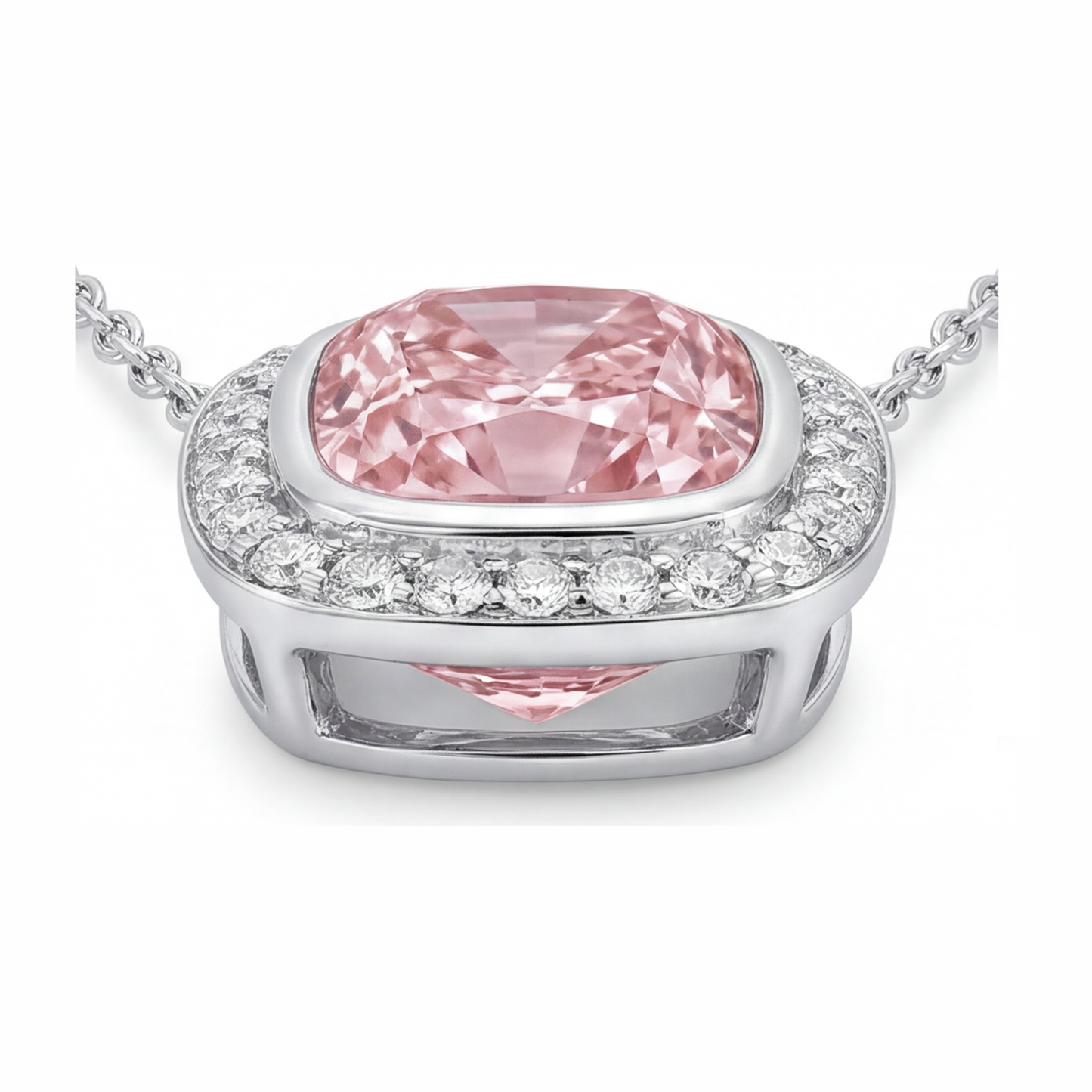 Rosa Diamant-Halskette 2,25 Karat im Labor gezüchtet Kissenschliff-Halo-Anhänger 14 Karat Weißgold