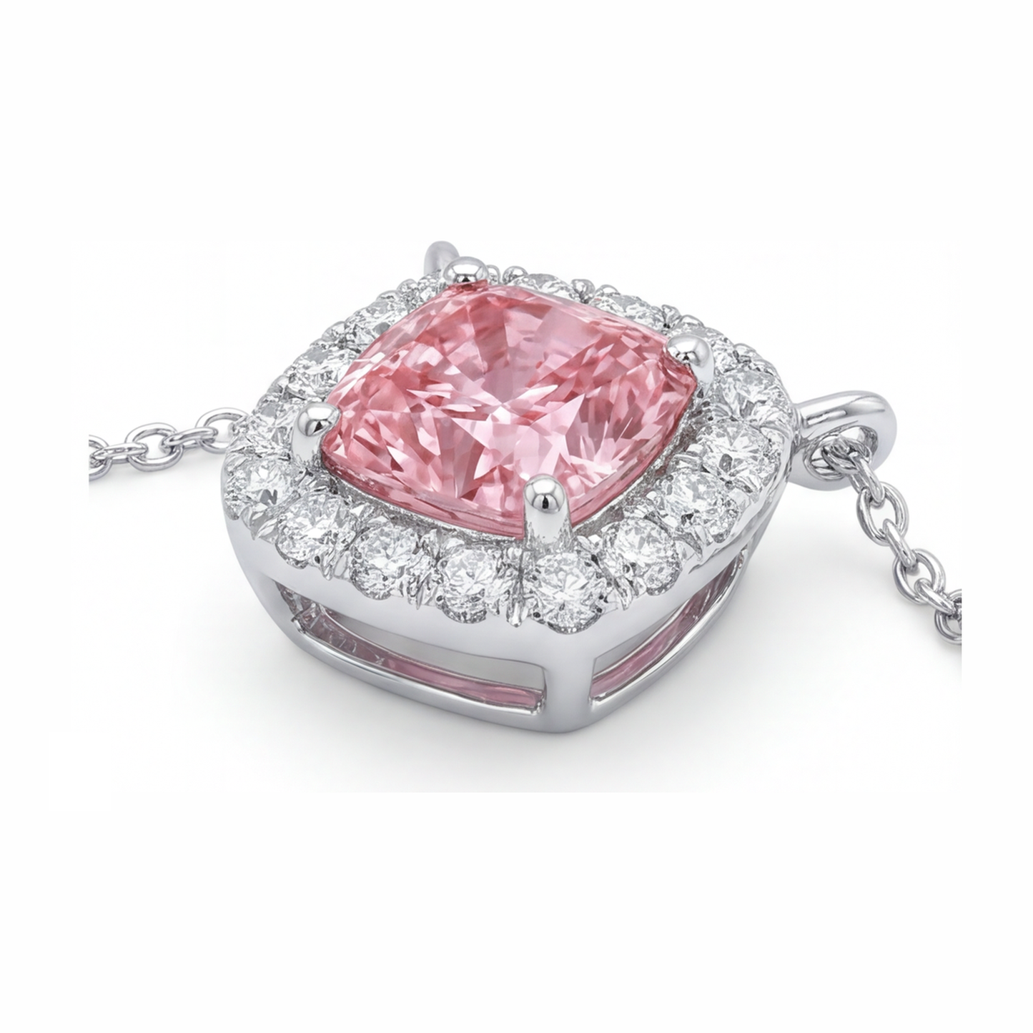 Halskette mit rosa Diamant, 3,75 Karat, im Labor gezüchtet, Halo-Anhänger im Kissenschliff, 14 Karat Weißgold
