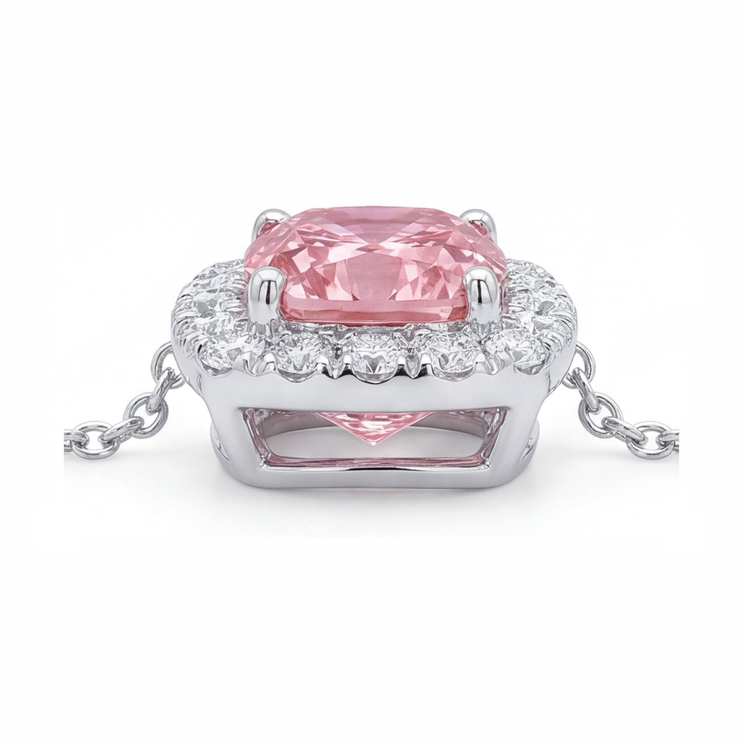 Halskette mit rosa Diamant, 3,75 Karat, im Labor gezüchtet, Halo-Anhänger im Kissenschliff, 14 Karat Weißgold