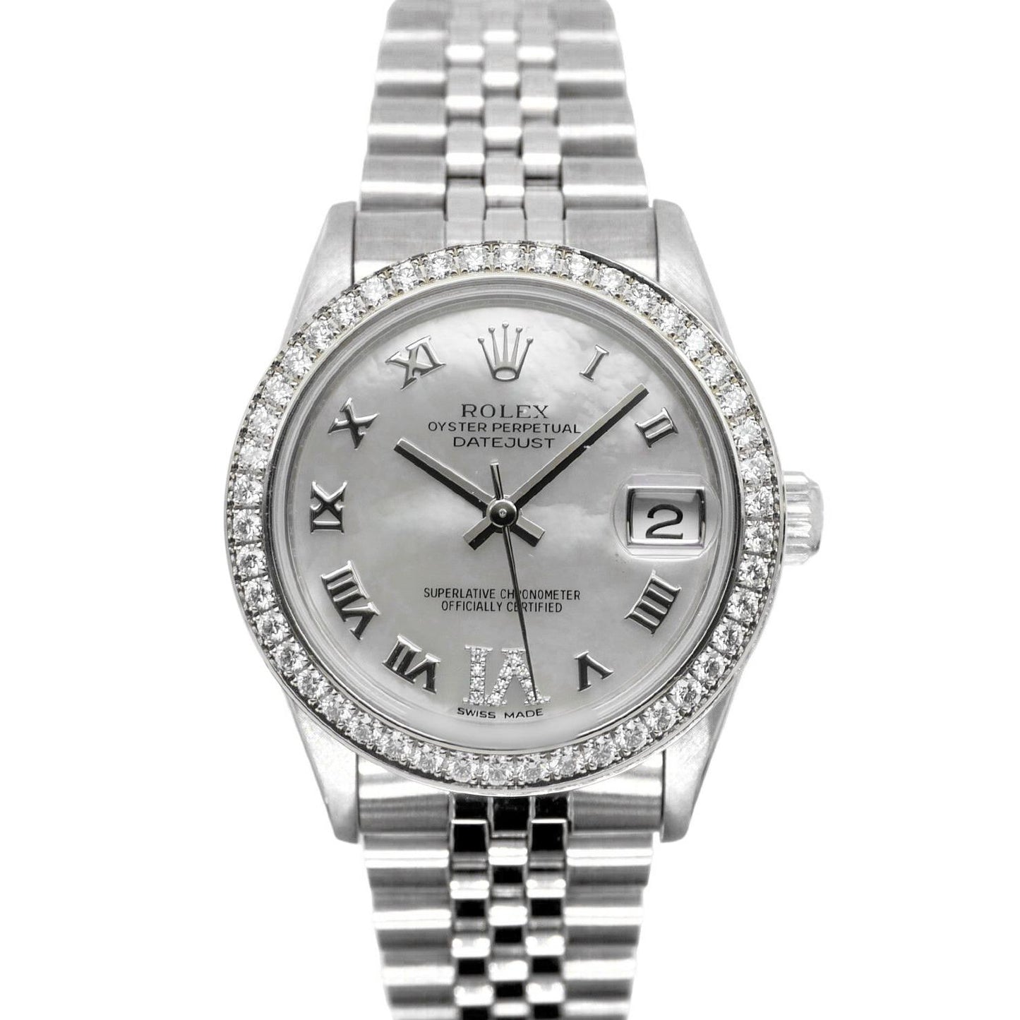 Jubilee-Armband, individuelle Diamant-Lünette, mittelgroße DateJust-Rolex-Uhr Edelstahl