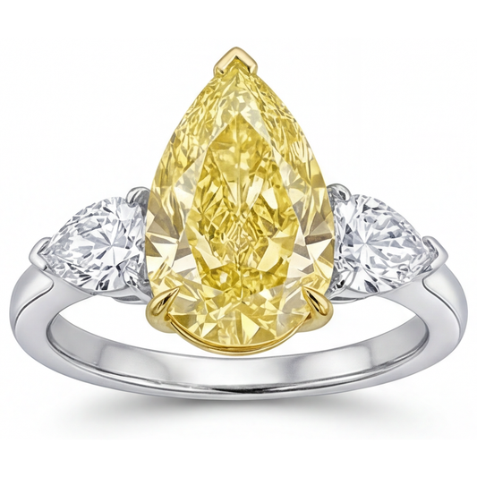 Kanariengelber Diamant Tropfen-Schliff Drei-Stein-Ring in Bicolor 14K Gold – Frontansicht