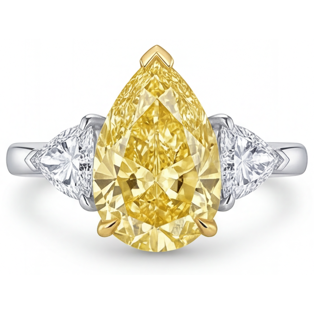 Kanariengelber Diamant Tropfen-Schliff Drei-Stein-Ring in Zweifarbiges 14K Gold – Hauptansicht