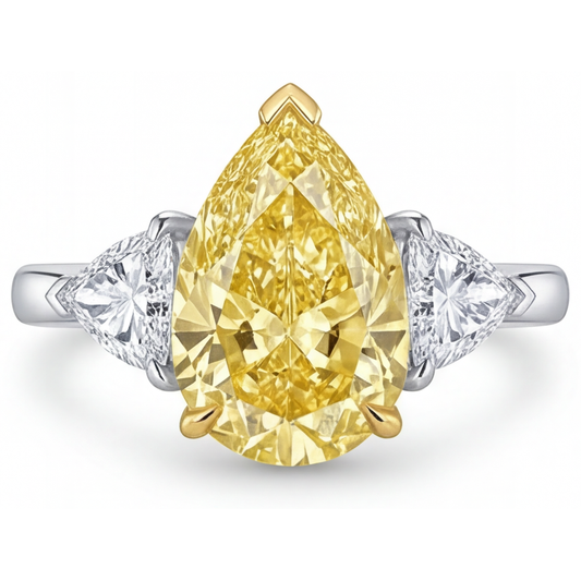 Kanariengelber Diamant Tropfen-Schliff Drei-Stein-Ring in Zweifarbiges 14K Gold – Hauptansicht