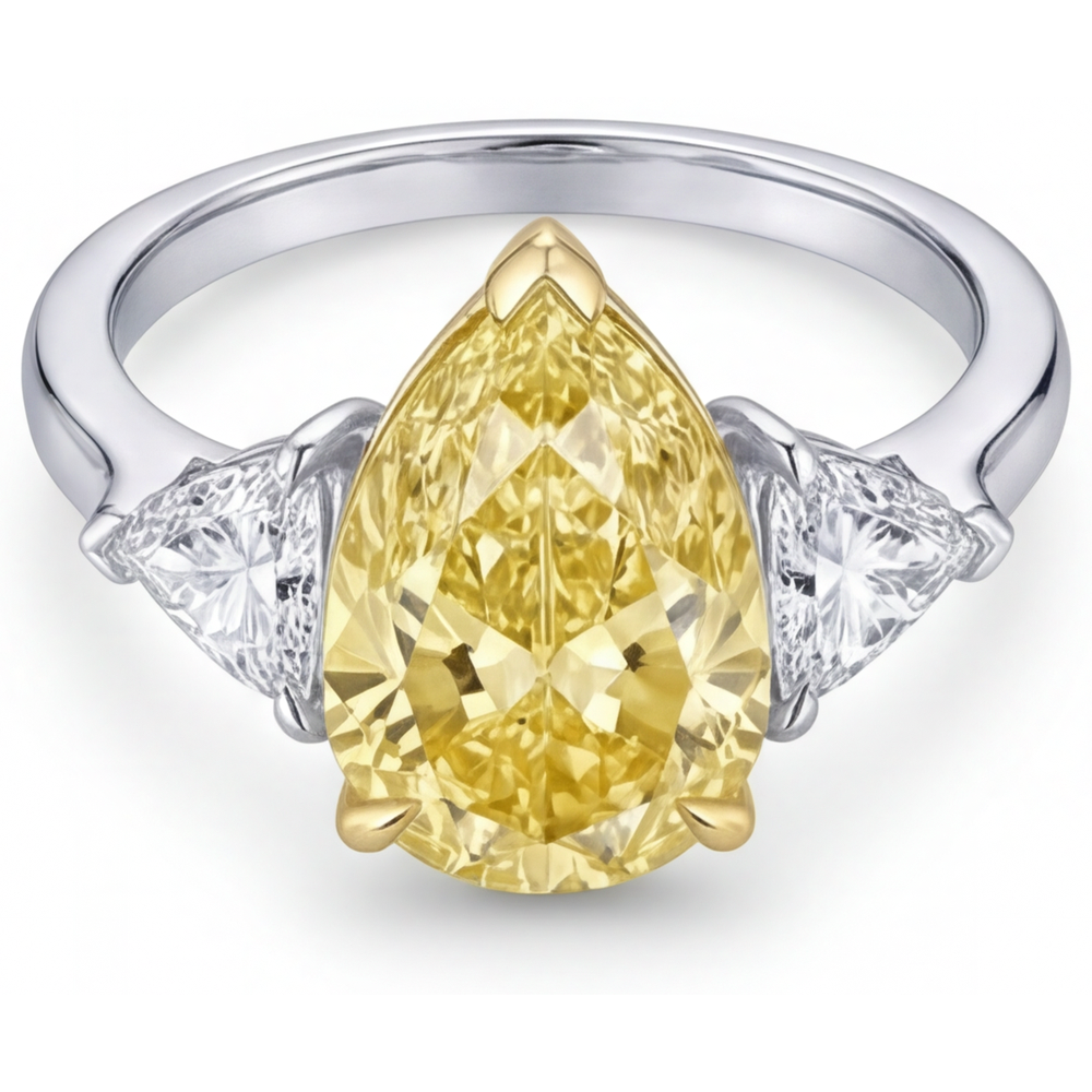 Erdgewonnener Kanariengelber Diamant Drei-Stein-Ring – Profilansicht