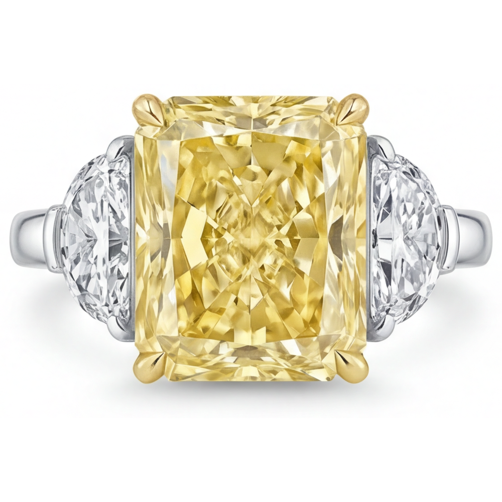Kanariengelber Diamant Radiant Drei-Stein-Ring in Zweifarbiges 14K Gold – Hauptansicht