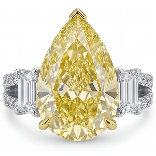 Dreisteinring Bicolor 14K Gold mit Kanariengelber Diamant – Frontansicht