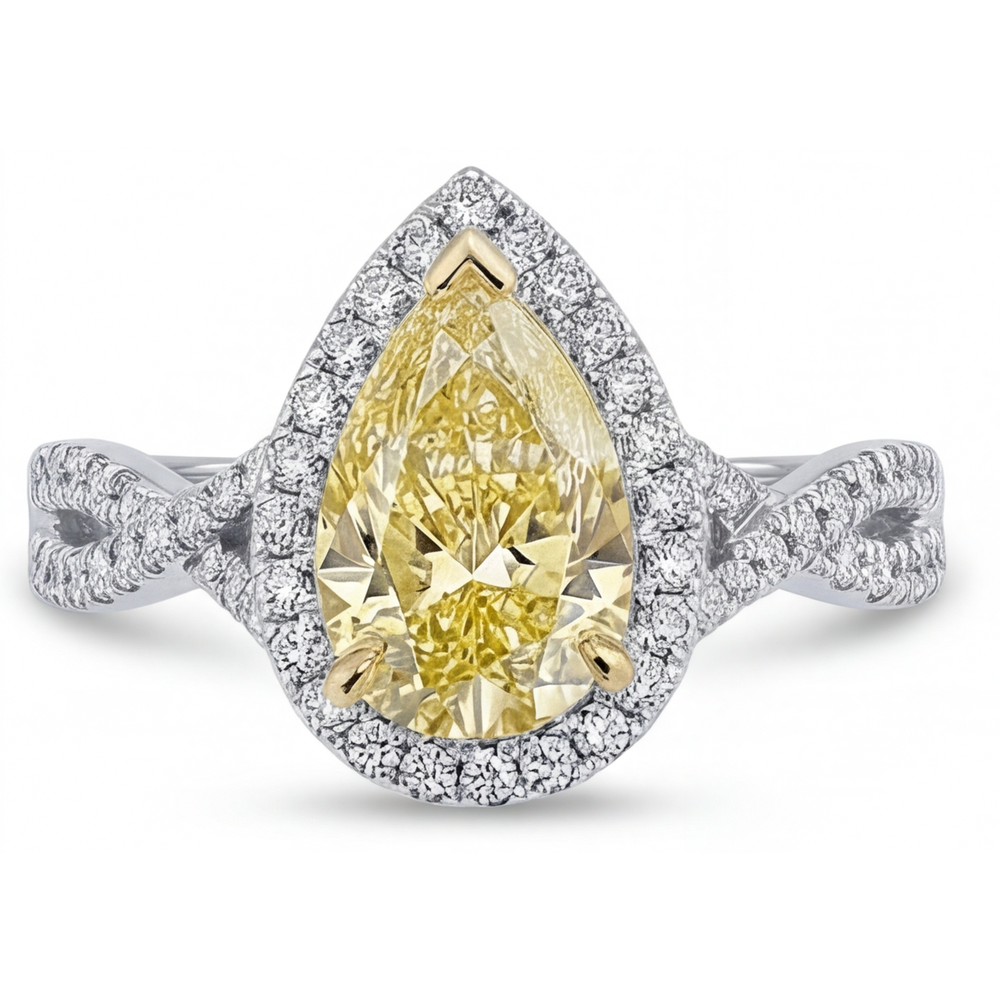 Tropfen-Schliff Kanariengelber Diamant Ring in 14 Karat Zweifarbig Gold – Frontansicht