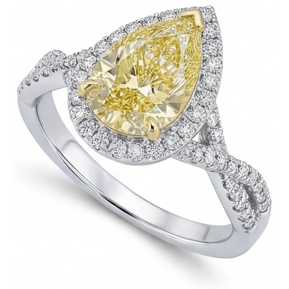 Tropfen-Schliff Kanariengelber Diamant Ring in 14 Karat Zweifarbig Gold – Schrägansicht