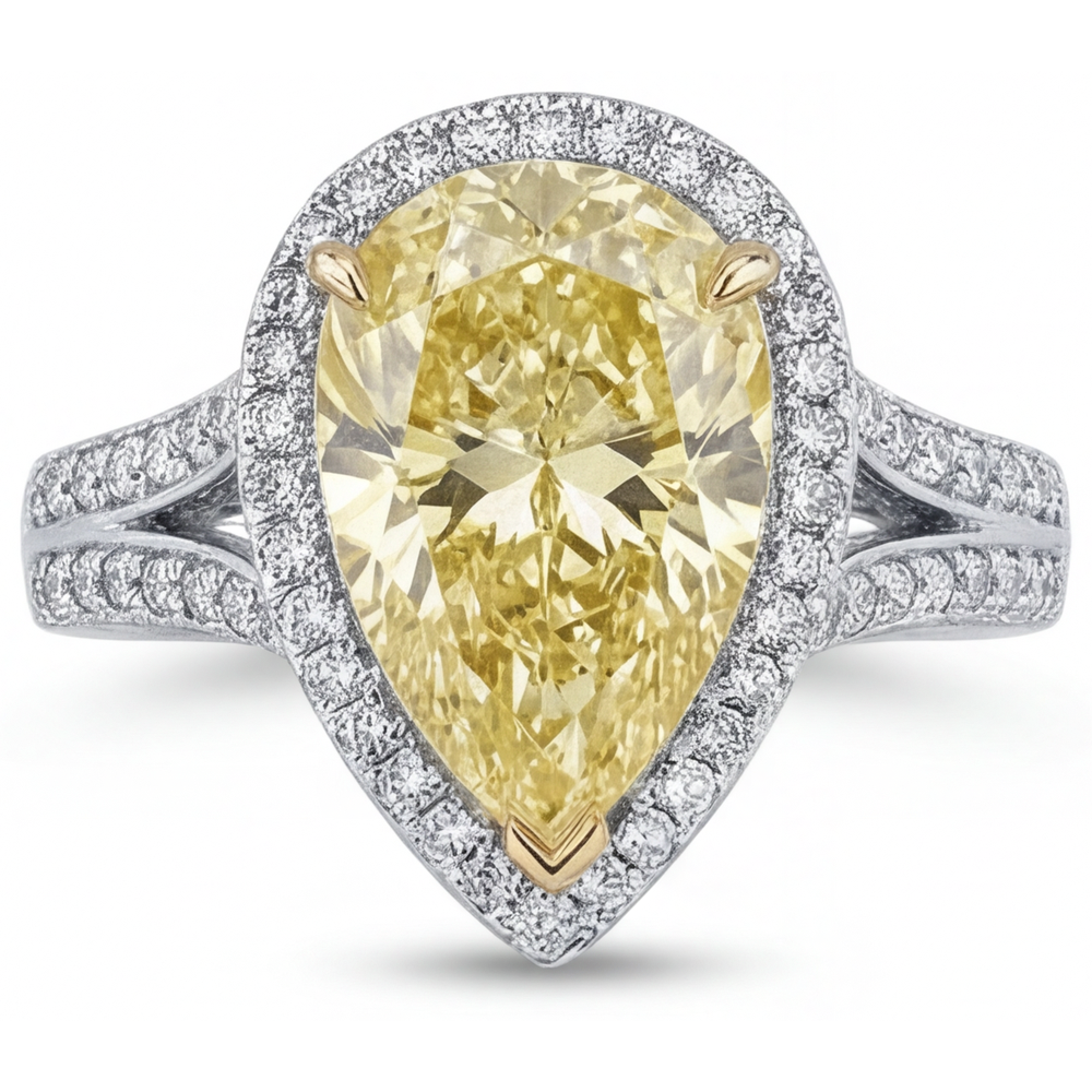 Tropfen-Schliff Kanariengelber Diamant Ring in Zweifarbiges 14K Gold – Schrägansicht