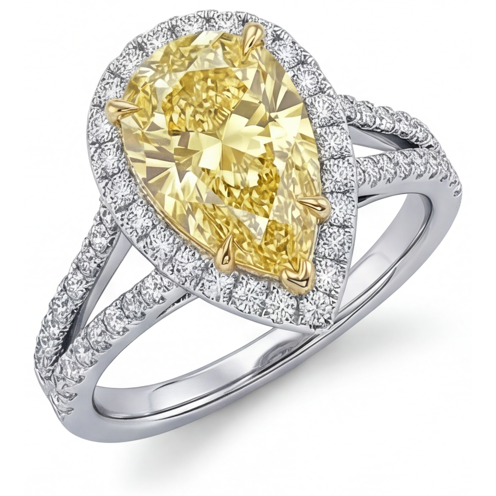 Birnen-Schliff Kanariengelber Diamant Ring in 14 Karat Zweifarbig Gold – Frontansicht