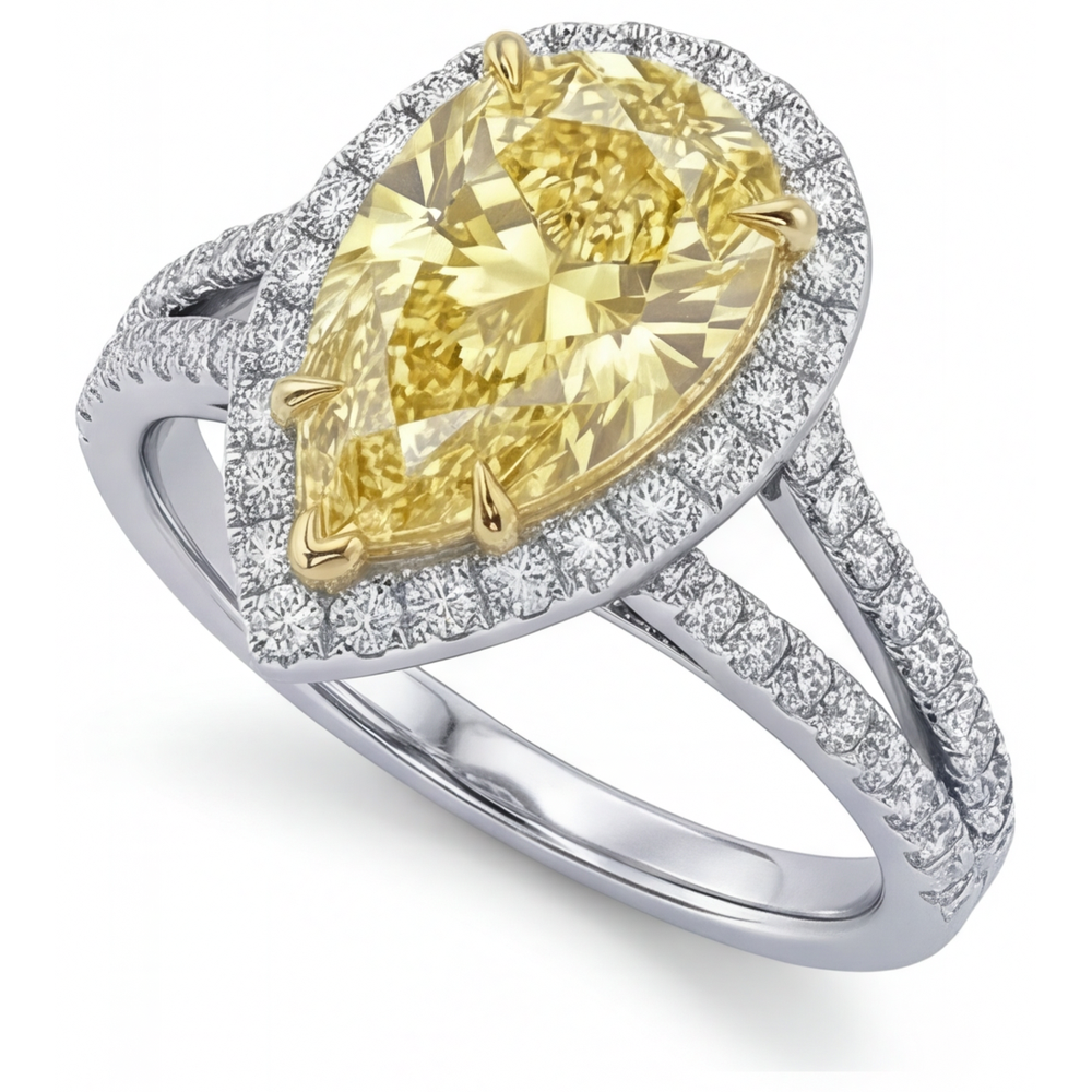 Kanariengelber Diamant Birnen-Schliff Statement-Ring in 14 Karat Zweifarbig Gold – Seitenansicht