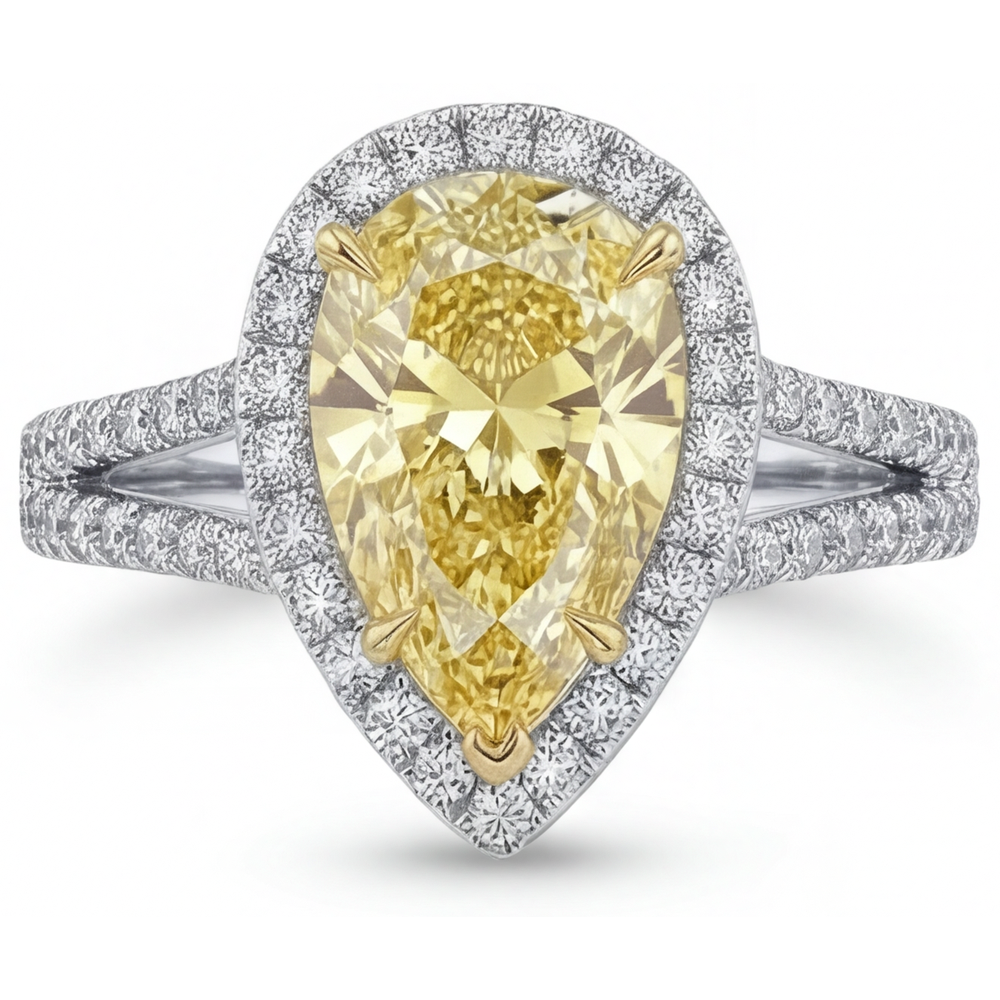 Birnen-Schliff Kanariengelber Diamant Ring in 14 Karat Zweifarbig Gold – Schrägansicht