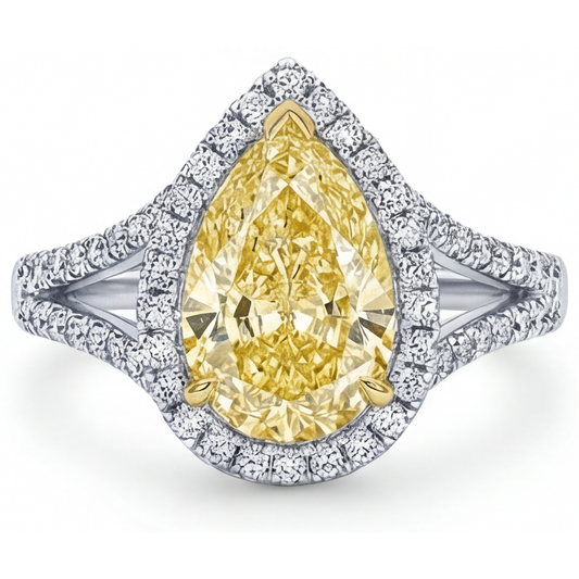 Birnen-Schliff Kanariengelber Diamant Ring in 14 Karat Zweifarbig Gold – Frontansicht