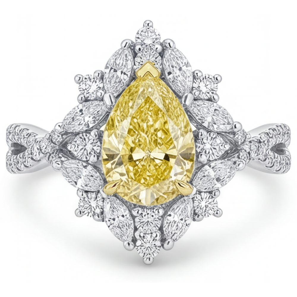 Tropfen-Schliff Kanariengelber Diamant Ring in Bicolor 14K Gold – Hauptansicht
