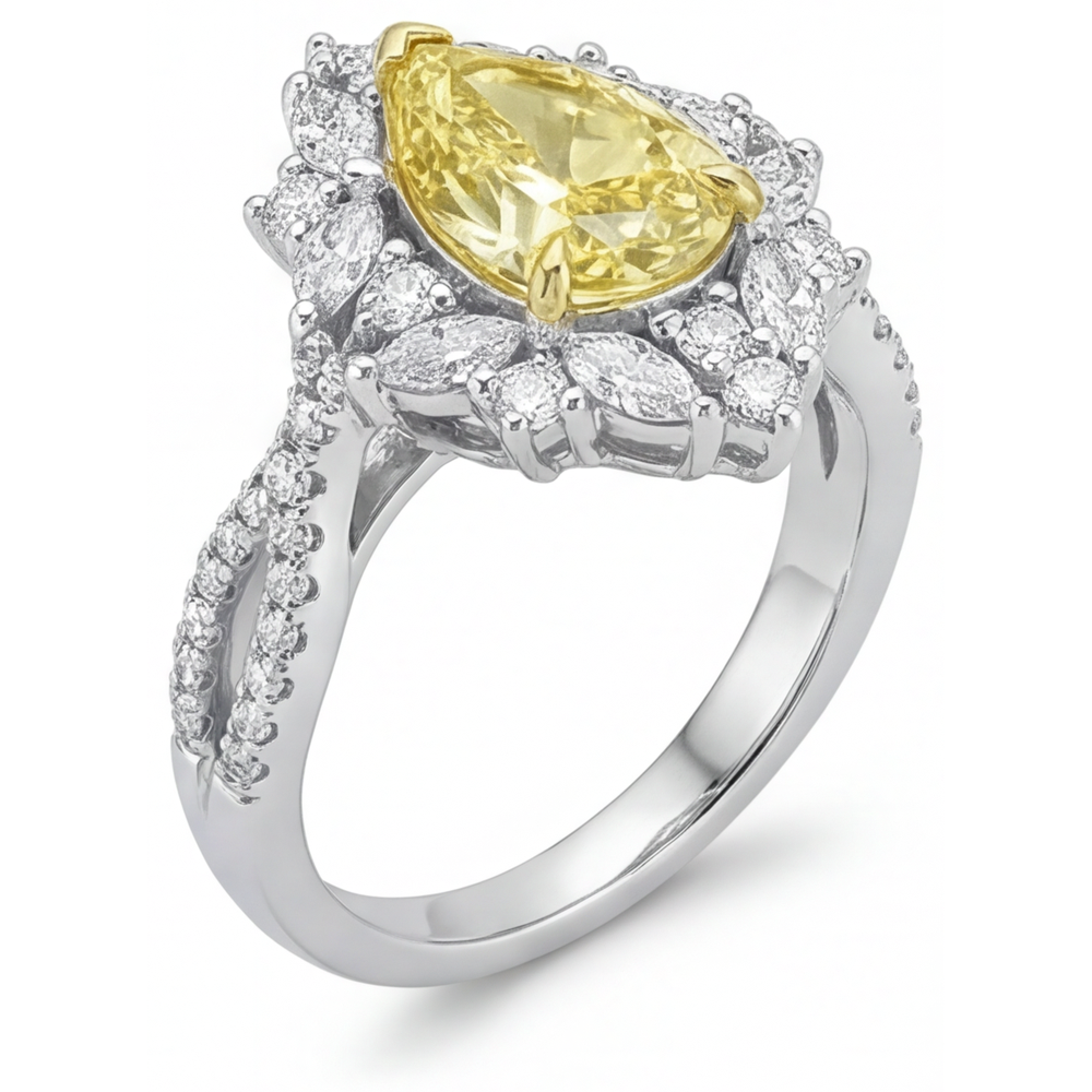 Tropfen-Schliff Kanariengelber Diamant Ring in Bicolor 14K Gold – Schrägansicht