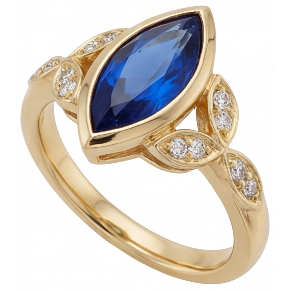 Kornblumenblauer Saphir Marquise-Schliff Farbstein-Ring in 14K Gelbgold – Seitenansicht