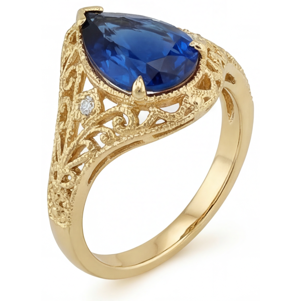 Birnen-Schliff Kornblumenblauer Saphir Ring in 14K Gelbgold – Seitenansicht