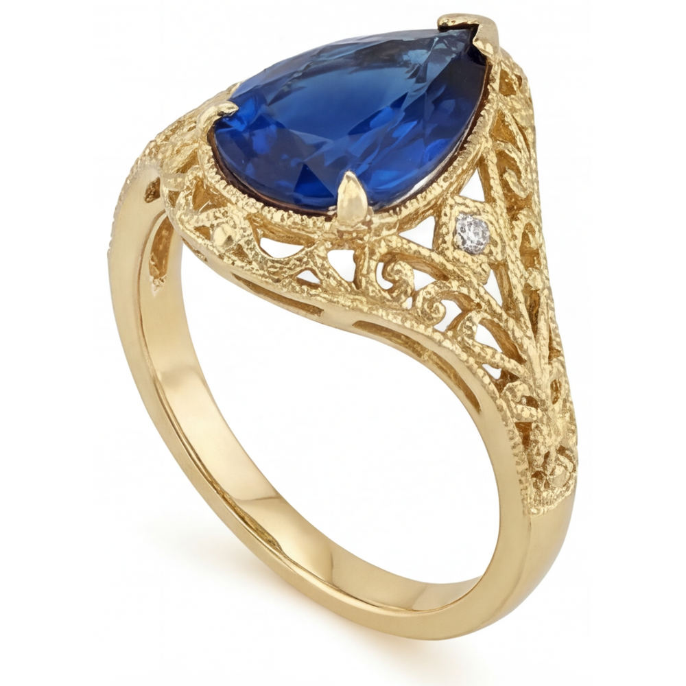 Erdgewonnener Kornblumenblauer Saphir Schmuckstein-Ring 4 Karat 14K Gelbgold – Schrägansicht