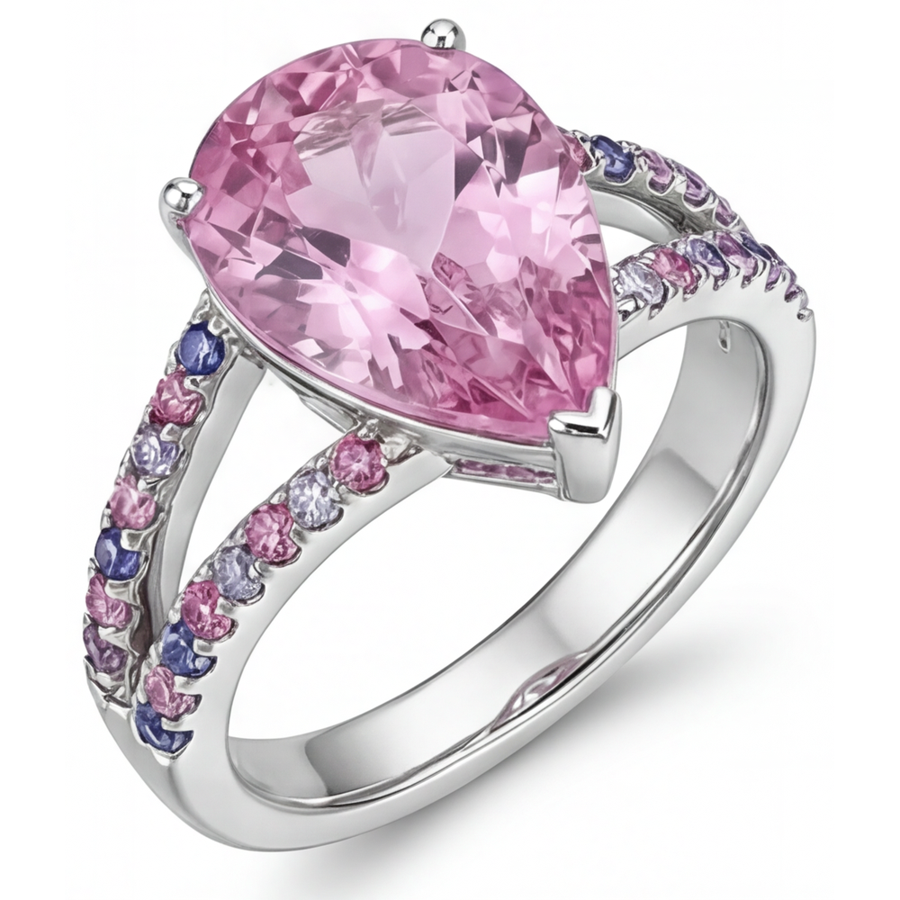 Tropfen-Schliff Kunzite Ring in 14 Karat Weißgold – Schrägansicht