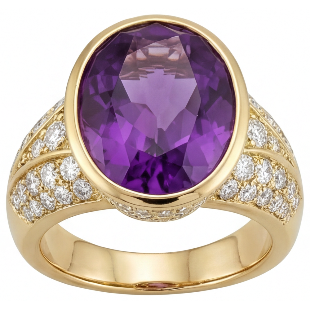 Farbstein-Ring 14K Gelbgold mit Lila Amethyst – Frontansicht