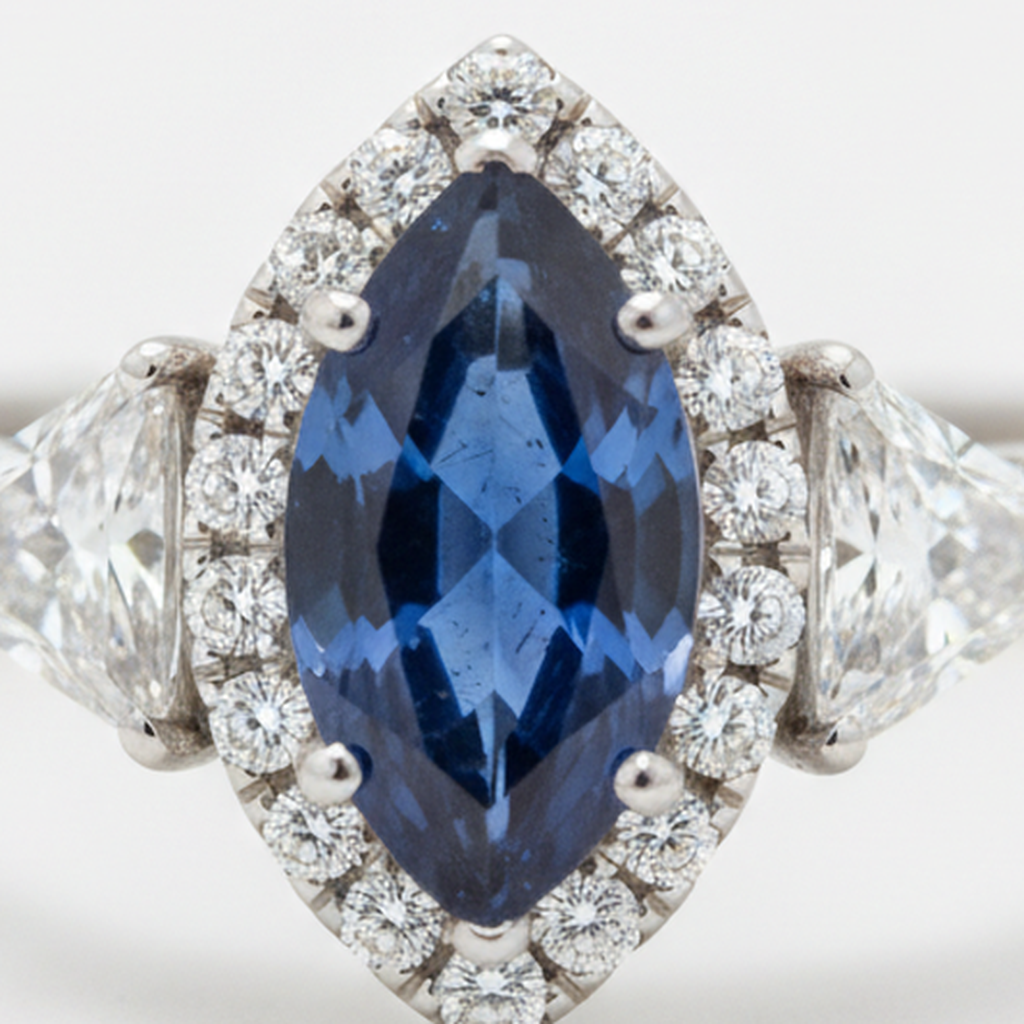 Saphir-Verlobungsring 3 Karat Echter Blauer Marquise Halo Drei-Stein Platin