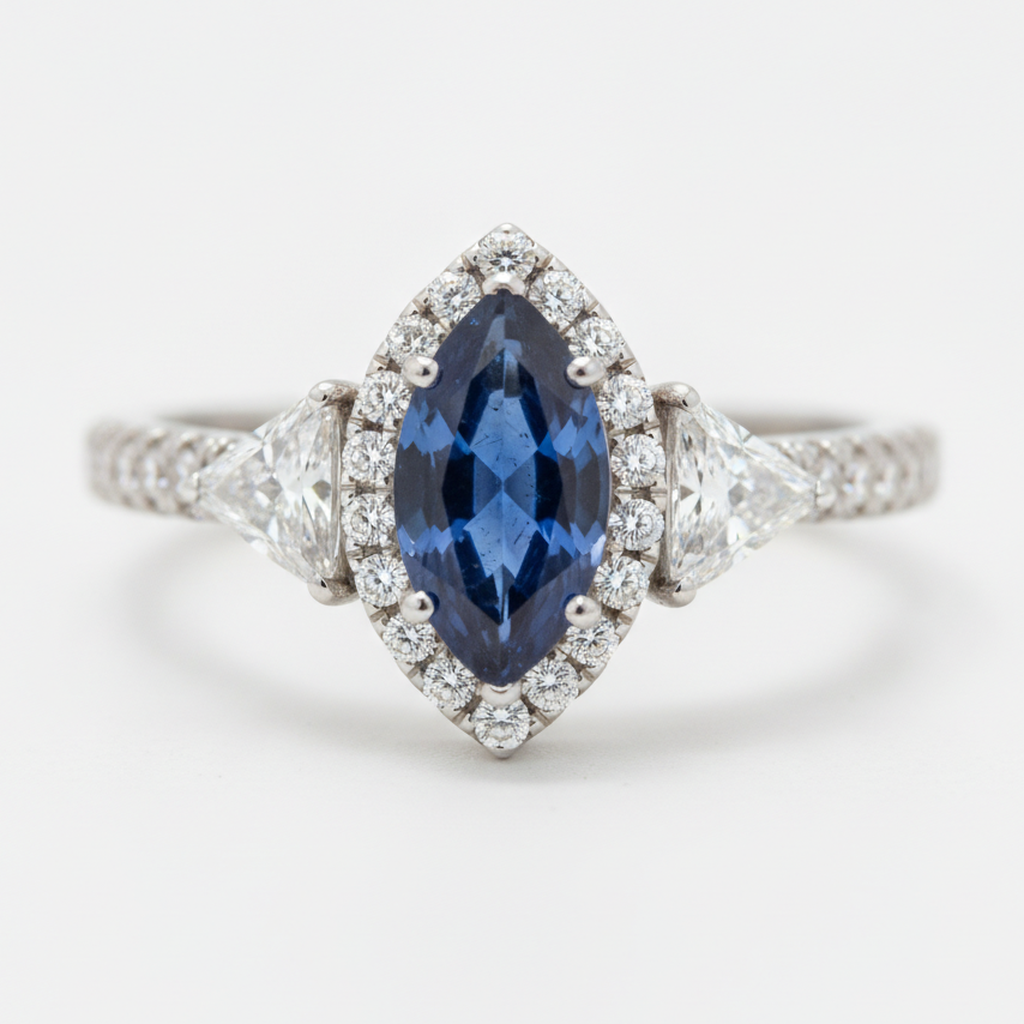Saphir-Verlobungsring 3 Karat Echter Blauer Marquise Halo Drei-Stein Platin