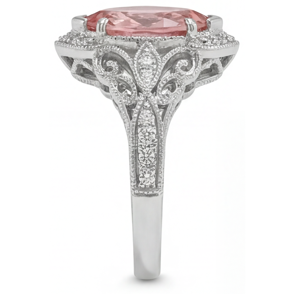 Verlobungsring mit pfirsichfarbenem Padparadscha-Saphir, 3,8 Karat, im Labor gezüchtet, Marquise, Halo, 14 Karat Weißgold
