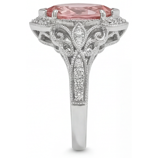 Verlobungsring mit pfirsichfarbenem Padparadscha-Saphir, 3,8 Karat, im Labor gezüchtet, Marquise, Halo, 14 Karat Weißgold