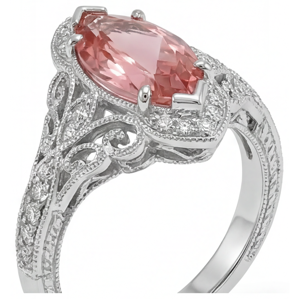 Verlobungsring mit pfirsichfarbenem Padparadscha-Saphir, 3,8 Karat, im Labor gezüchtet, Marquise, Halo, 14 Karat Weißgold