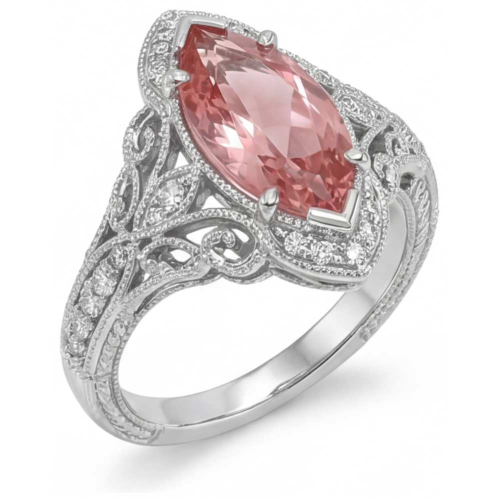 Verlobungsring mit pfirsichfarbenem Padparadscha-Saphir, 3,8 Karat, im Labor gezüchtet, Marquise, Halo, 14 Karat Weißgold