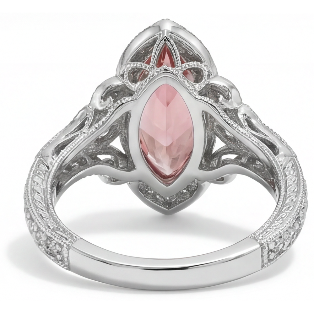 Verlobungsring mit pfirsichfarbenem Padparadscha-Saphir, 3,8 Karat, im Labor gezüchtet, Marquise, Halo, 14 Karat Weißgold