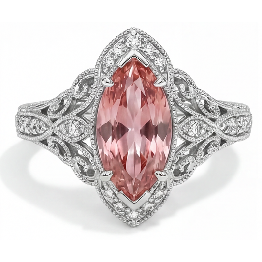 Verlobungsring mit pfirsichfarbenem Padparadscha-Saphir, 3,8 Karat, im Labor gezüchtet, Marquise, Halo, 14 Karat Weißgold
