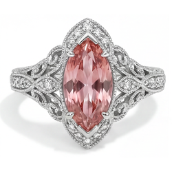 Verlobungsring mit pfirsichfarbenem Padparadscha-Saphir, 3,8 Karat, im Labor gezüchtet, Marquise-Schliff, Halo, 14 Karat Weißgold