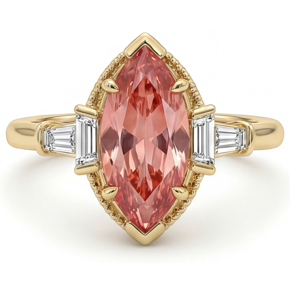 Pfirsichfarbener Saphir Verlobungsring 4,1 Karat im Labor gezüchteter Marquise Padparadscha und weiße Baguettes Drei-Stein Kathedrale 14 Karat Gelbgold